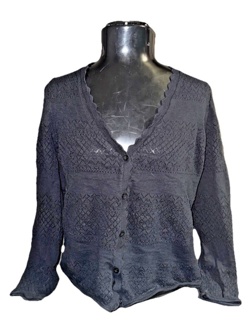 Frye Black Pointelle Knit Cardigan 2XL Scalloped Button Front Whimsygoth